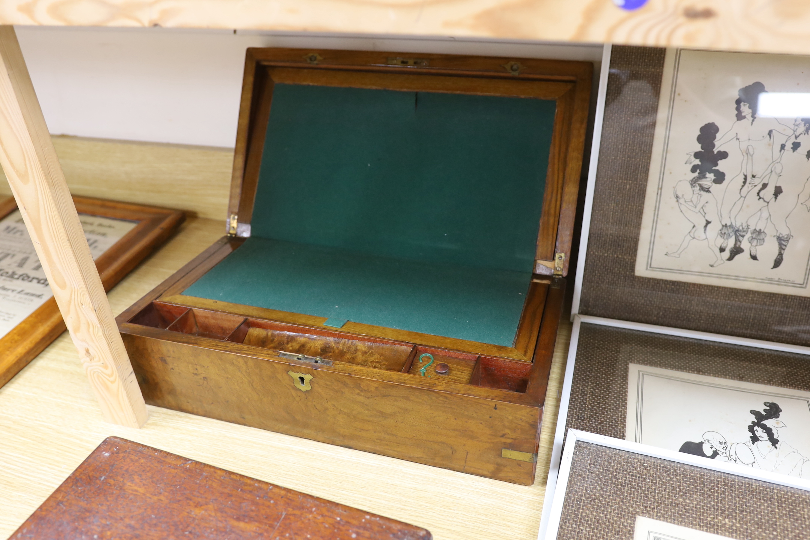 A brass bound Victorian mahogany writing slope and another smaller writing slope, 45cm wide, 15cm high